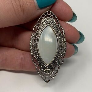Small Silver Tone Cabochon Victorian Inspired Brooch Pin